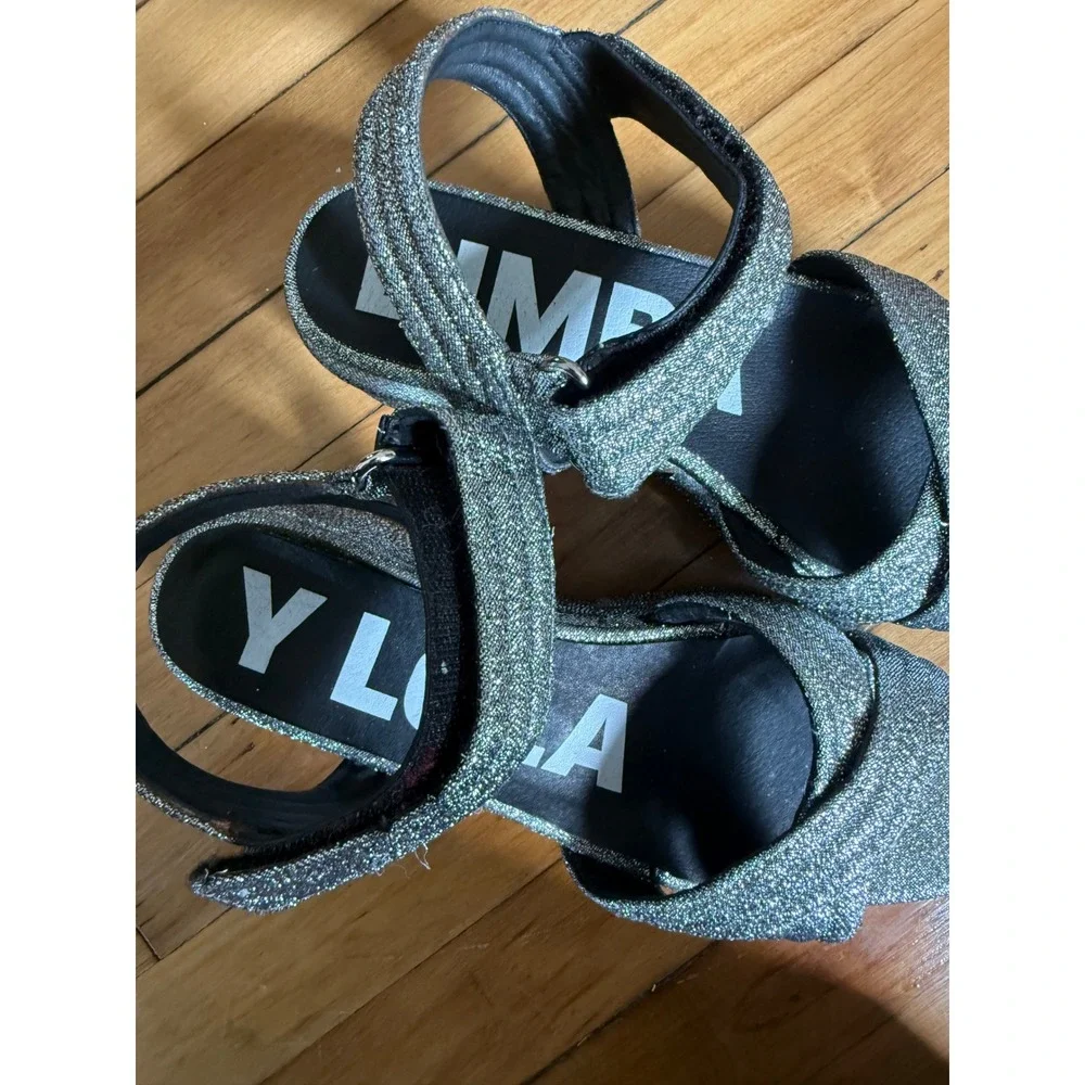 Bimba Y Lola silver glitter stacked platform chunky sandals